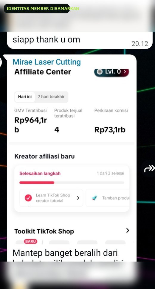 Screenshot komisi affiliate member